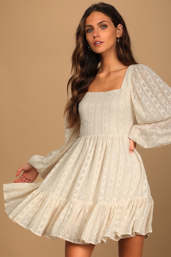 Cream Mini Dress - Long Sleeve Dress ...
